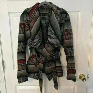 Me Jane Woven Open Front Asymmetrical Jacket with Tie Front Wool Aztec Print